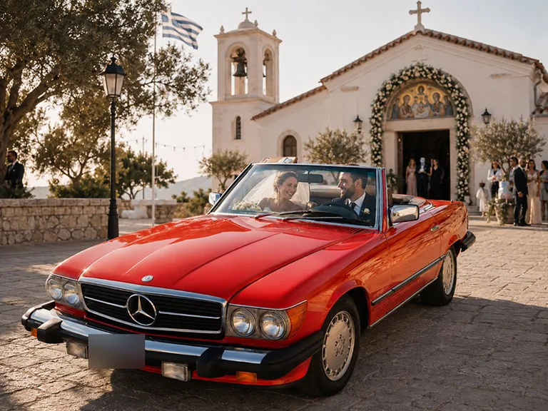 Συλλεκτική κόκκινη Mercedes cabrio σε γάμο από τη Mustang Events